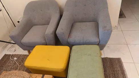 Pair of Grey Fabric Armchairs with Two Ottomans - Used
