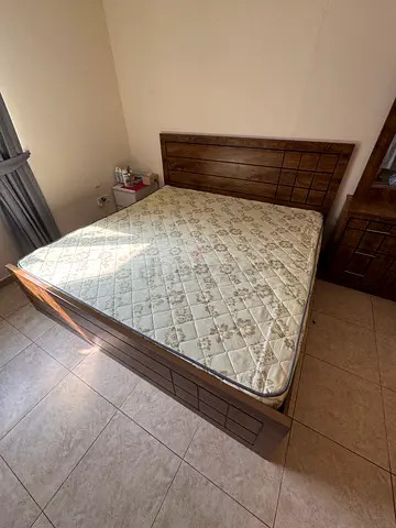Wooden Single Super king size Bed Frame with Headboard and mattress — Good Condition