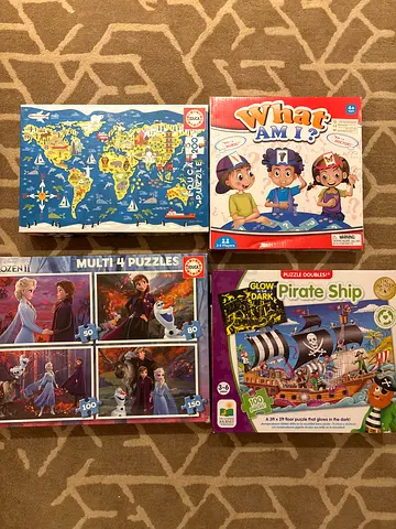 Bundle of 4 Kids Puzzles (World Map, Frozen, Pirate Ship, What Am I?)