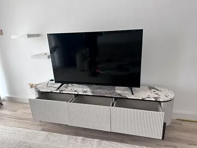Modern Marble-Top TV Console with Ribbed Drawers