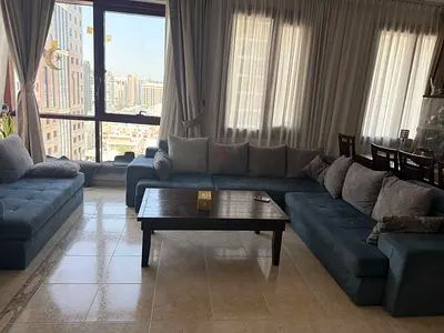 Large U-shaped fabric splittable sofa set with dinning expandable table - good condition