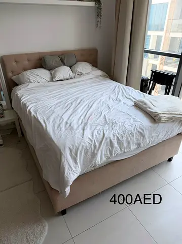 Queen size upholstered bed frame with headboard - beige, good condition with two mattresses