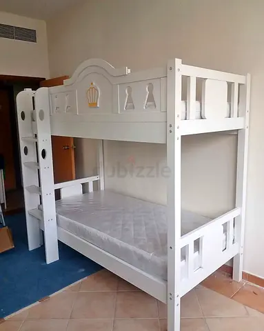 White Wooden Bunk Bed with Mattresses — Good Condition