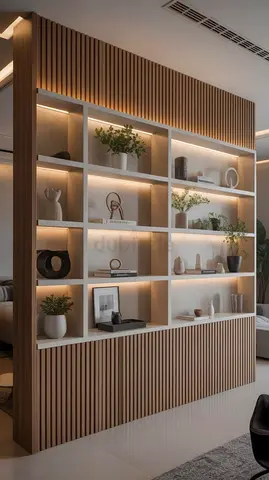 Custom Oak Slatted Room Divider with Built-in Shelving and LED Lighting