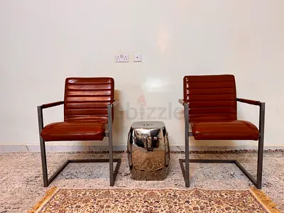 Pair of Brown Leather Industrial Metal Frame Armchairs - Good Condition