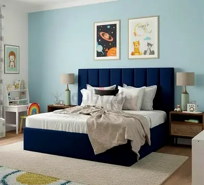 Upholstered Navy Platform Bed with Headboard - Good Condition