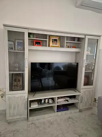 Light Grey Wooden Entertainment Center / TV Unit with Display Cabinets