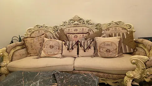 2 Ornate 3-Seater Classic Sofa with Cushions - Cream  Carved Wood,1 L shaped couch 2 marble tables