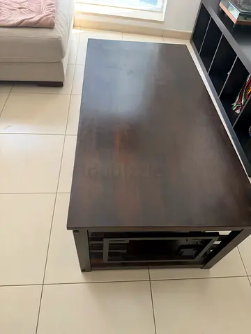 Solid Dark Wood Coffee Table with Storage Shelves