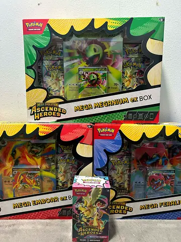 Pokémon TCG Ascended Heroes Mega EX Boxes (Meganium, Emboar, Feraligatr) + Booster Pack