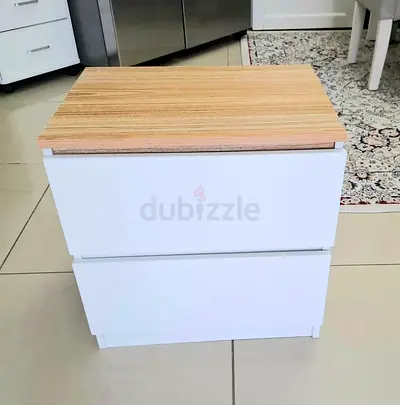 Small White 2-Drawer Bedside Table with Wood Top