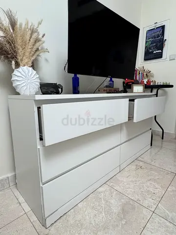 White modern low TV cabinet with drawers - good condition