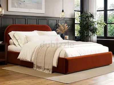 Modern Upholstered Double Bed with Curved Headboard (Rust Orange)