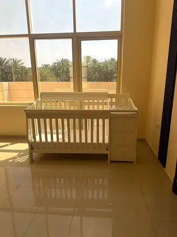 White Wooden Baby Crib with Attached Dresser - Good Condition