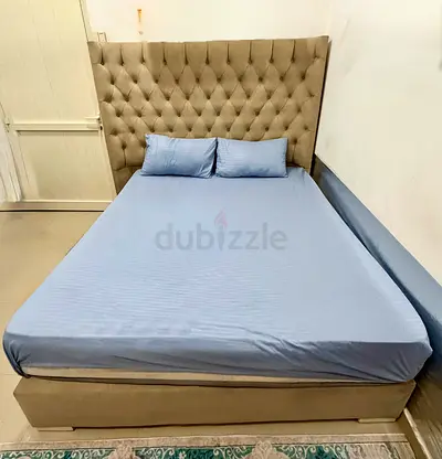 Queen tufted upholstered bed with  base light grey