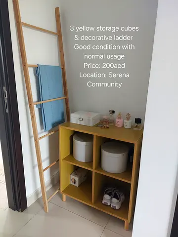 3 Yellow 4-Cube Storage Unit with Decorative Wooden Ladder - Good Condition