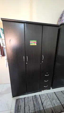 Dark Wood 3-Door Wardrobe with Drawers - Good Condition