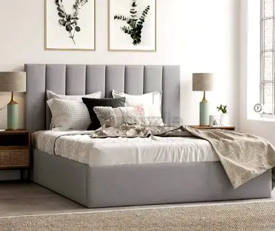 Light Grey Upholstered Double Bed with Padded Headboard