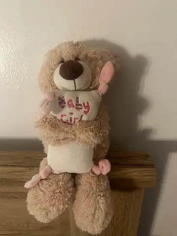 Soft beige baby teddy bear plush with Baby Girl bib - small