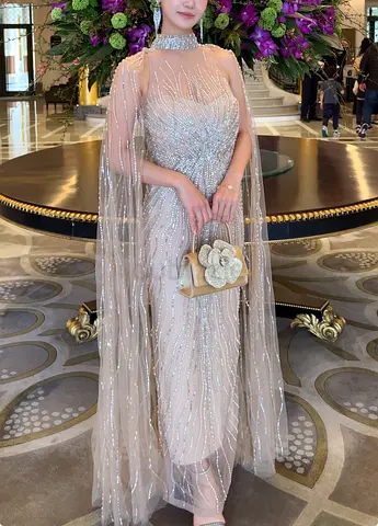 Beige Embellished Long Formal Gown with Sheer Cape - Size Approx M