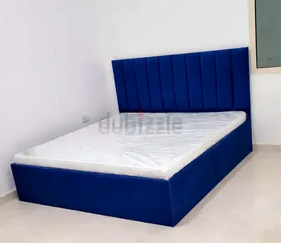Blue Velvet Platform Bed with Padded Headboard - Queen/Double (Good Condition)