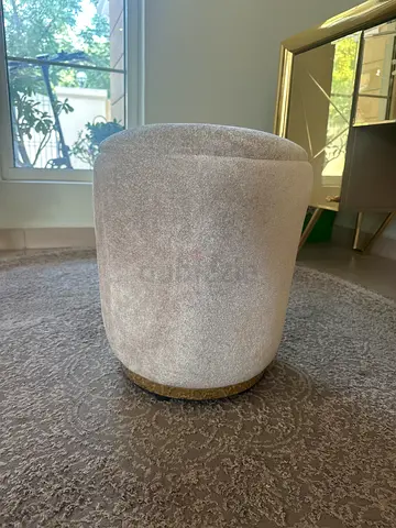 Round Beige Bouclé Ottoman/Pouf with Brass Base