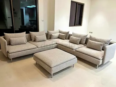 Ikea Sodhremn Corner Sofa BeigeLight Grey L-Shaped Fabric Sofa with Ottoman - Modern, Good Condition