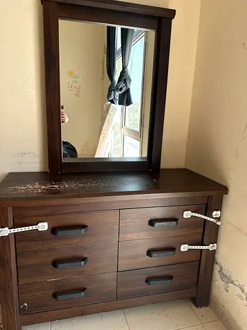 Dark Wood Dresser with Mirror - 6 Drawers, Good Condition