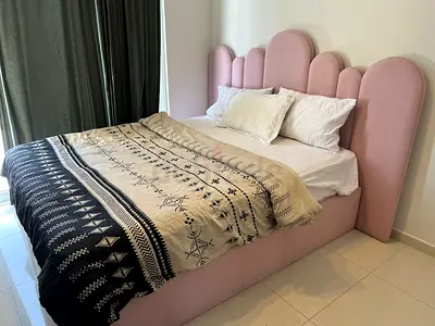 Pink upholstered Queen bed with headboard and free mattress - good condition