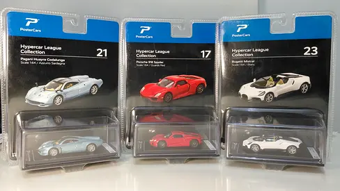 Set of 3 PosterCars Hypercar League 1:64 Diecast Cars - Pagani, Ferrari, Bugatti