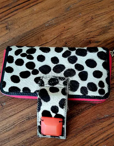 Black  White Spotted Zip Wallet with Pink Trim. Boden. UK. Genuine Leather with Fur. Never Worn.