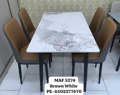 Modern Marble-Top Dining Table with 4 Upholstered Chairs - Brown/White