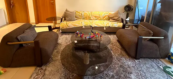 Modern 3-Seater 2 Sofa Set with Two Armchairs and 4 Glass Coffee Tables — Good Condition