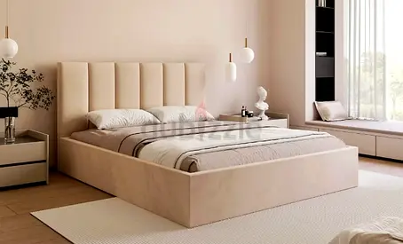 Upholstered King Size Platform Bed with Headboard - Beige Velvet
