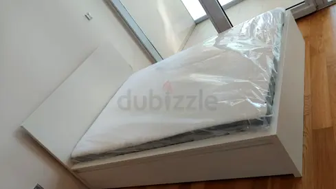 White platform bed frame with headboard + mattress (good condition)