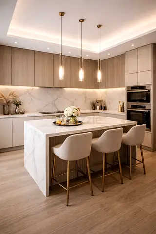 Modern Marble Kitchen Island with 3 Bar Stools - Light Oak Finish
