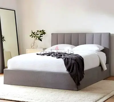 Grey Upholstered Platform Bed with Padded Headboard - Queen