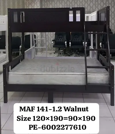 Wooden Walnut Bunk Bed (Double Bottom) - Size 120x190 / 90x190