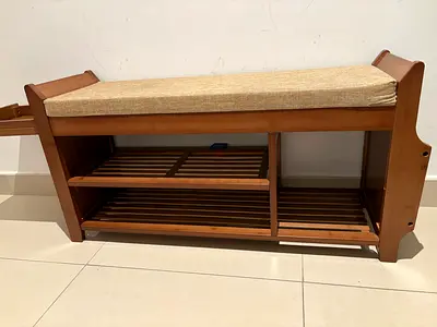 Wooden Entryway Bench with Cushion and Shoe Storage made with Bamboo