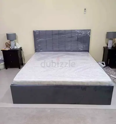 Queen grey upholstered bed frame with headboard (with mattress)