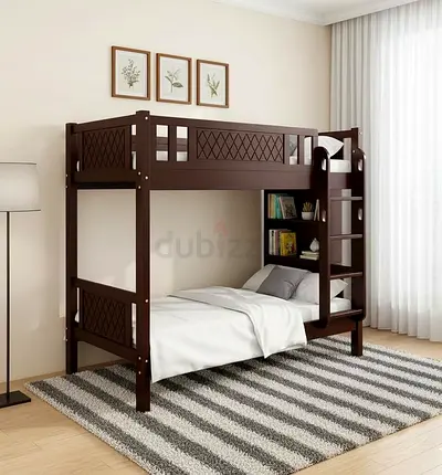 Solid Wood Twin-Over-Twin Bunk Bed with Built-in Shelves - Dark Brown