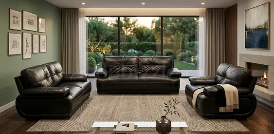 Black Leather 3-Piece Sofa Set — Comfortable Living Room Seating