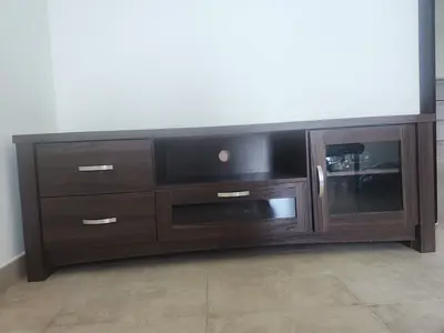 Dark Wood TV Entertainment Unit with Storage and Glass Door
