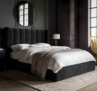 King Size Upholstered Bed Frame with Tall Padded Headboard - Dark Grey