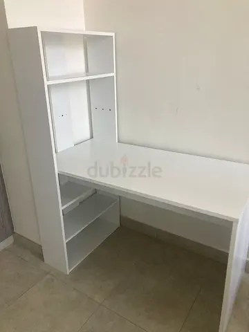 White corner study desk with built-in shelves - good condition