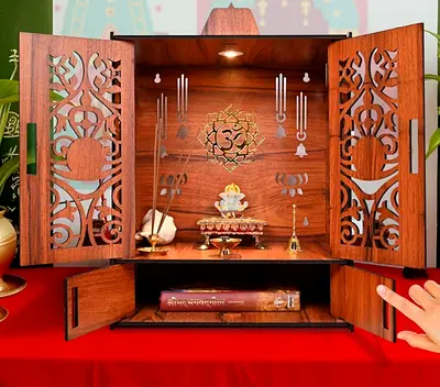 Wall-mounted Wooden Pooja Mandir / Home Temple with Carved Doors and Storage