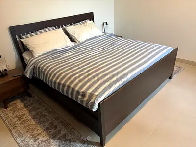 Dark Wood Queen Bed Frame with Headboard and Storage Base