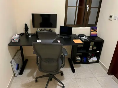 Large Black L-Shaped Office Desk with Storage Shelves And Office Chair Good Condition