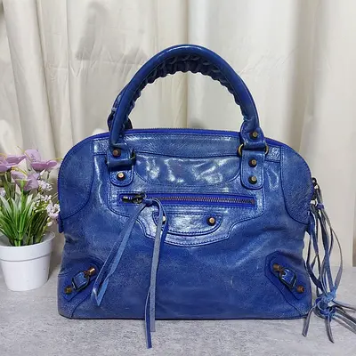Preloved Balenciga-Style Blue Distressed Leather Bowlers Bag