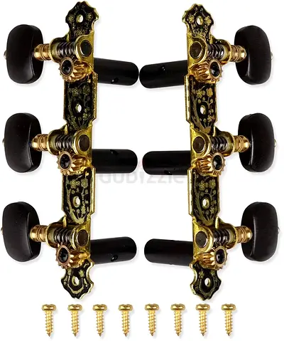 Classical Guitar Tuning Pegs / Machine Heads Set (Gold with Black Buttons) - New